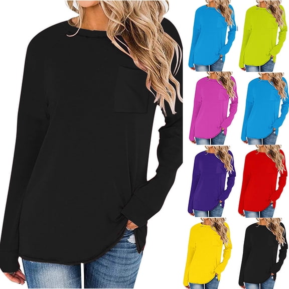 Lovskoo 2024 Long Sleeve Shirts for Women Trendy Casual Solid Color Drop Shoulder Raglan Sleeve Tops Round Neck Loose Shirt with Poket Purple