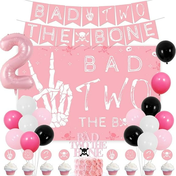 Bad Two the Bone Themed 2nd Birthday Party Decorations for Girls Boys Pink Bad Two The Bone Backdrop Banner, Skeleton Theme Birthday Decorations for Girls Music Rock and Roll Birthday Party Supplies