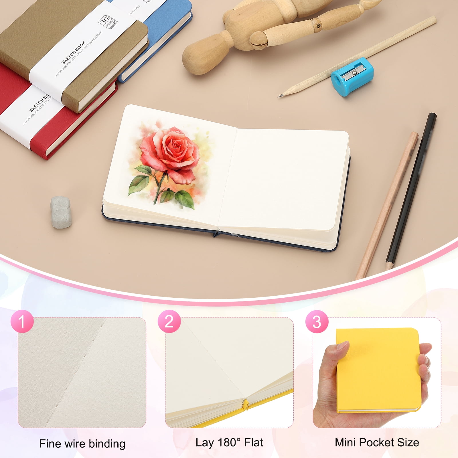 Uxcell 4x4" Watercolor Paper Sketchbook, 4Pcs 30 Sheet 300GSM/203lb Acid Free Watercolor Journal Hardcover Artists Paper Pads for Painting, Yellow