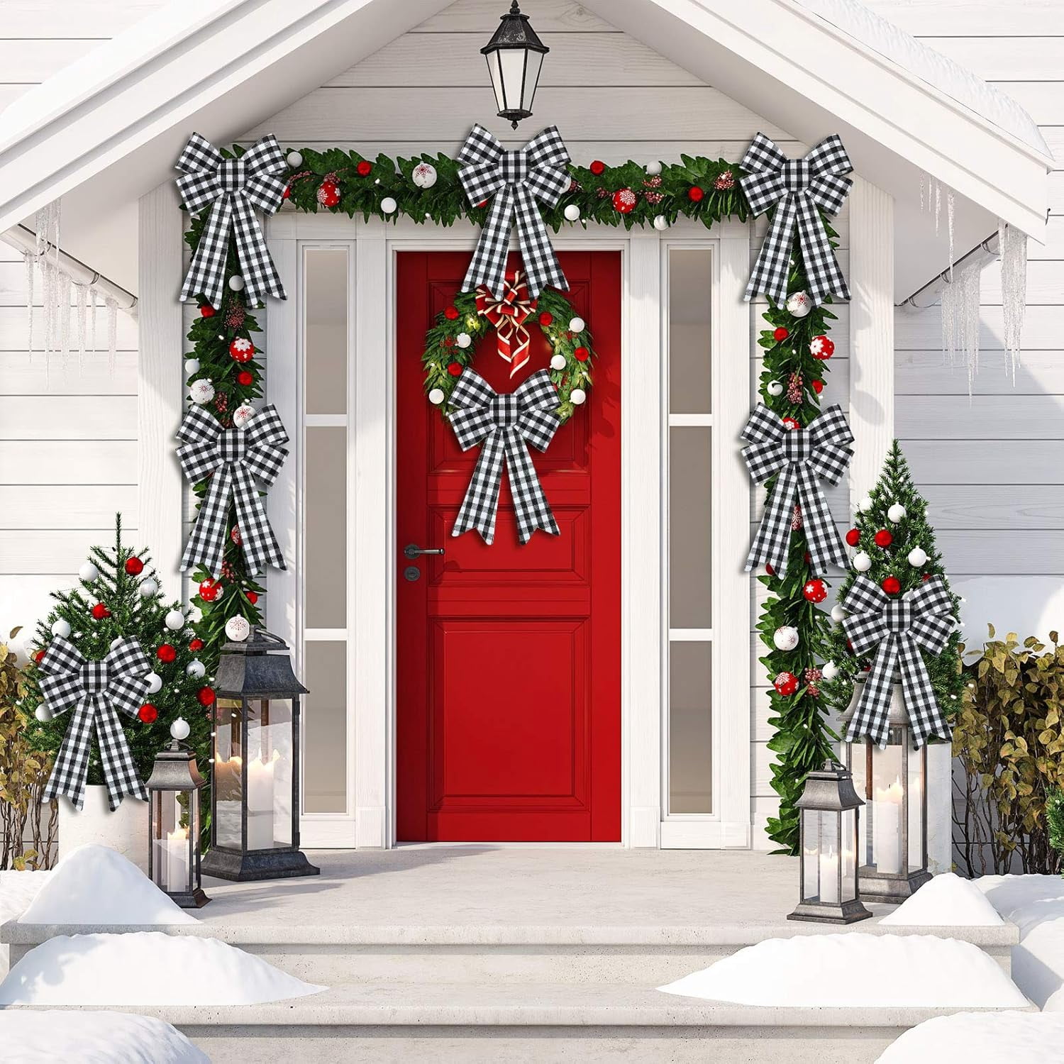 6 Pieces Large Christmas Wreath Bow Buffalo Plaid Christmas Bow PVC Plastic Xmas Plaid Check Wrapping Bow for Christmas Indoor Outdoor Decorations