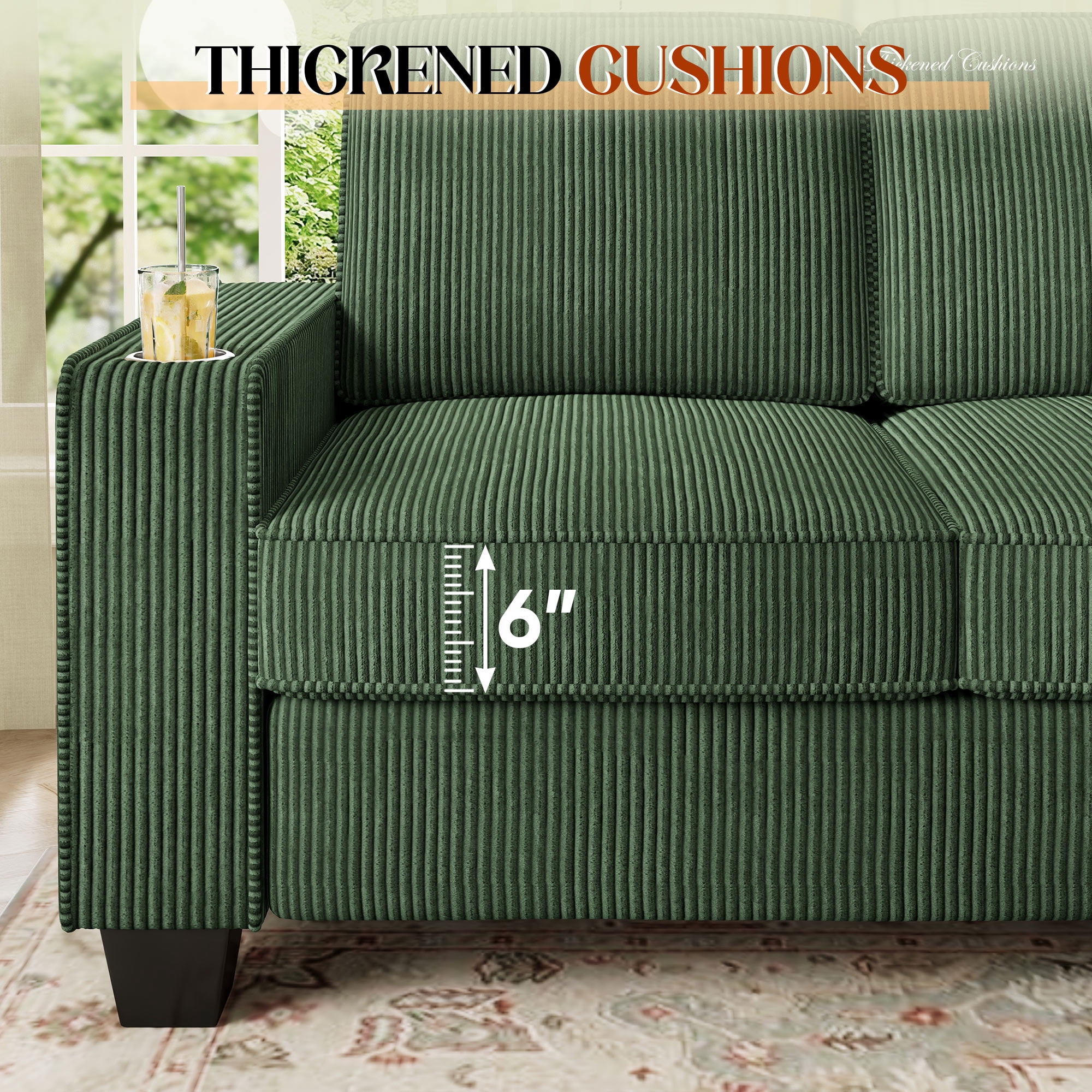 Muumblus 83.5" Living Room Sofa with Cup Holders, Cozy Plush Upholstered Couch, Corduroy Sofa 3-Seater, Green