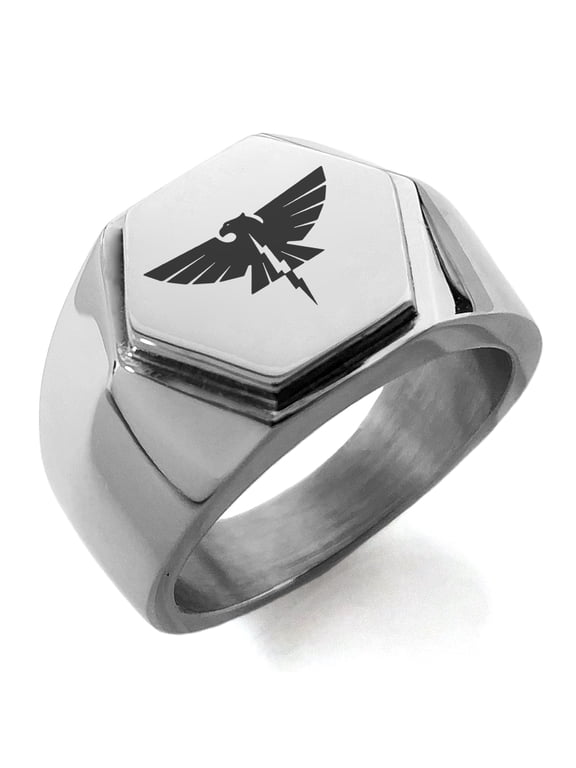 Stainless Steel Zeus Greek God of Sky Engraved Hexagon Crest Flat Top Biker Style Polished Ring