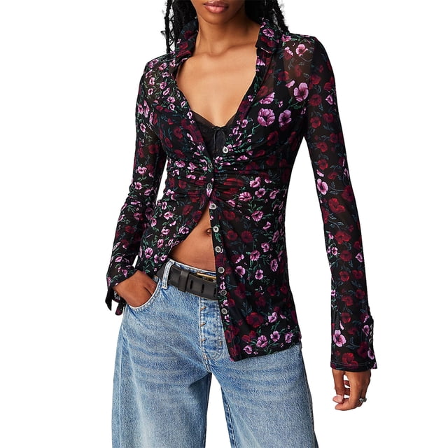ZAXARRA Womens Button Down Shirt Casual Print Ruched Long Sleeve Button Up Shirt Ladies Work Blouses Loose Fit Tops