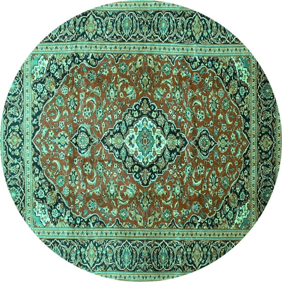 Ahgly Company Machine Washable Indoor Round Medallion Turquoise Blue Traditional Area Rugs, 6' Round