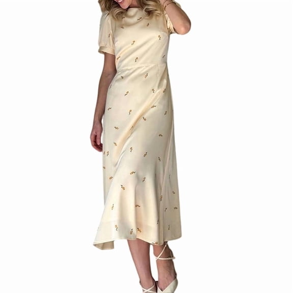 Women's Round Neck Short-Sleeved Printed Elegant Dress Yellow S
