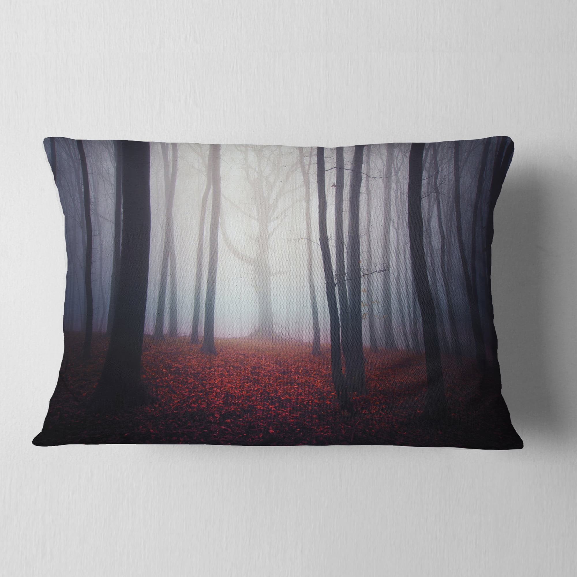 Designart Dark Spooky Misty Forest - Landscape Photo Throw Pillow - 12x20