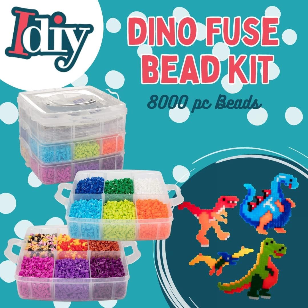 8,000pc DIY Complete Fuse Bead Kit w Carrying Case - Dinosaurs - 18 Colors, 8 Unique Templates, 4 Peg Boards, Tweezers, Ironing Paper - Works w Perler Beads, Pixel Art Color by Numbers Toy Project