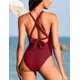 thumbnail image 2 of Traje de baño de una pieza AI'MAGE con cuello en V profundo y ribete festoneado, color rojo vino, 2 of 6