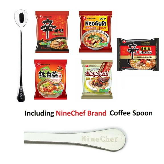 NineChef Brand - Nongshim Ramen Variety Pack Instant Noodes  Soup  Party Time Package. (5 Flavor, Black, Red, chapagetti Neoguri  and Kimchi, 2 each total 10 packs Mix) Plus NineChef Brand Spoon
