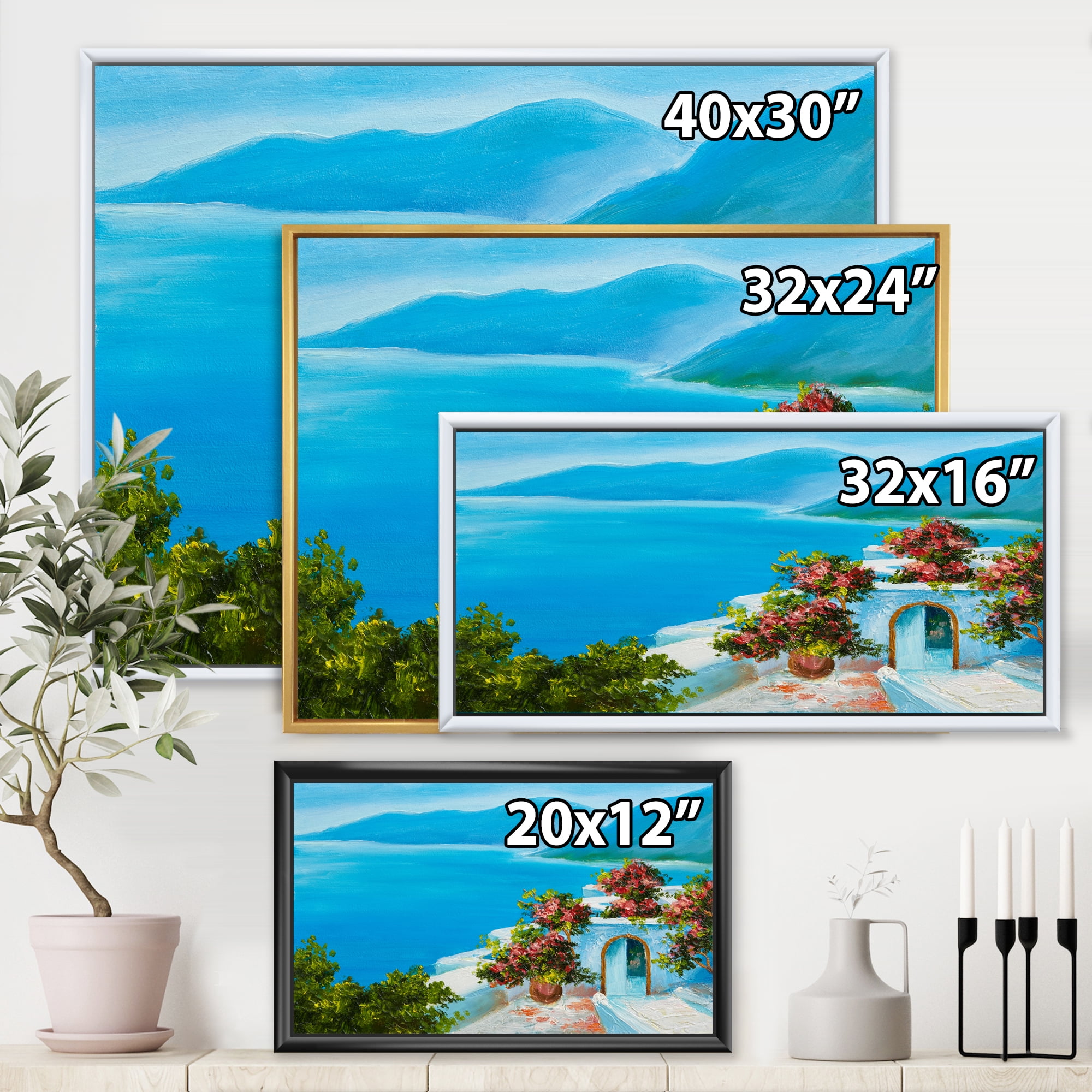 Designart 'House With Colorful Flowers Near The Sea I' Nautical & Coastal Framed Canvas Wall Art Print