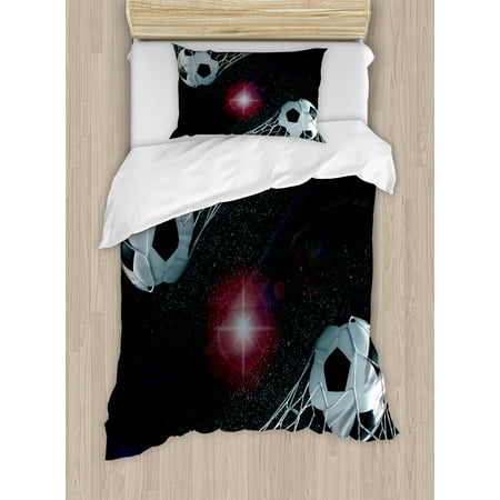 Match Two Piece (Teen Room Decor Twin Size Duvet Cover Set, Soccer Balls Goal Match Success Concept in Outer Space Winner Glory Theme, Decorative 2 Piece Bedding Set with 1 Pillow Sham, Multicolor,)