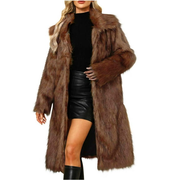 absuyy Winter Coats for Women Faux Fur Thick Cardigan Mid Length Long Sleeve Lapel Overcoat Warm Coffee Size L