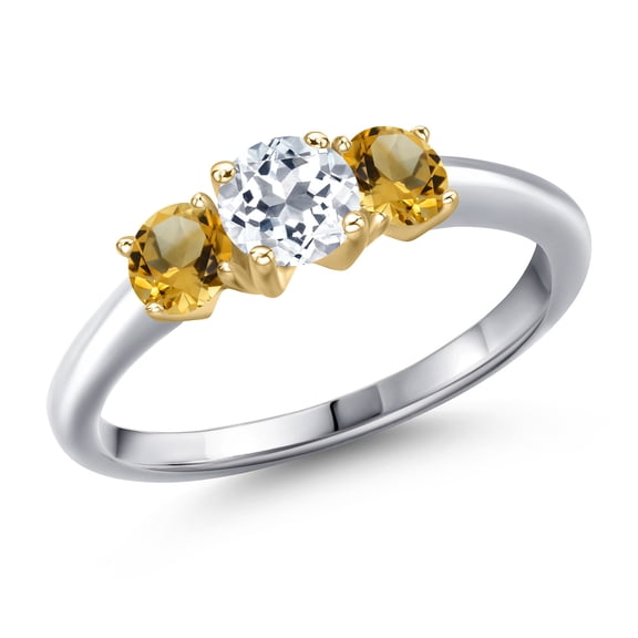 Gem Stone King 925 Silver and 10K Yellow Gold White Topaz and Yellow Citrine Engagement Ring for Women | 1.11 Cttw | Round 5MM | Gemstone November Birthstone | Size 5