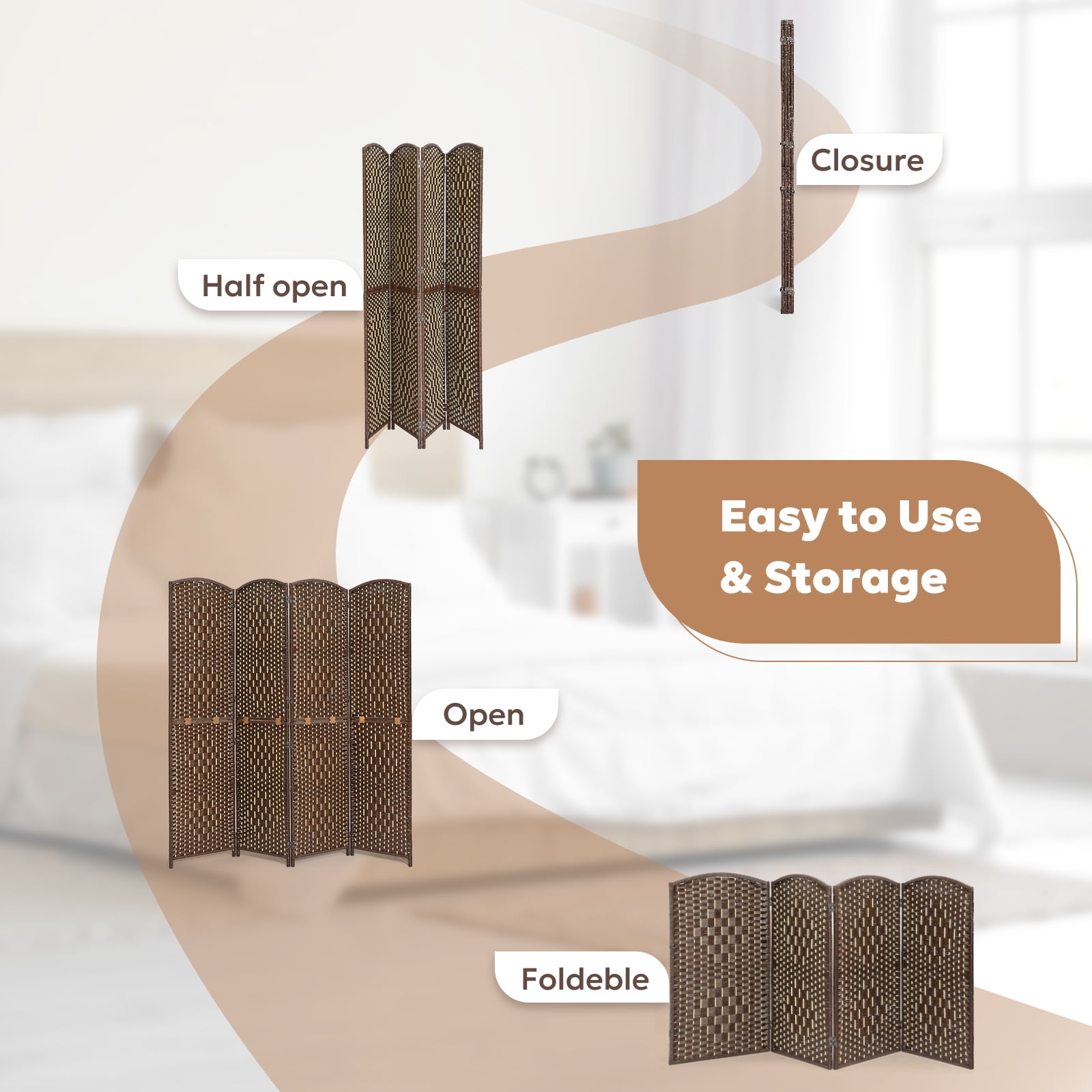 Jostyle 4 Panel Room Divider Folding Privacy Screens 6ft Tall Room Dividers Screen Divider Wall for Room Separation Partition Portable Brown Freestanding