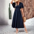 thumbnail image 2 of Women'S Summer Flowy Midi Dress Casual V Neck Short Sleeve Waist Boho Beach Dress Wedding Guest Maxi Dress Navy Blue M, 2 of 5