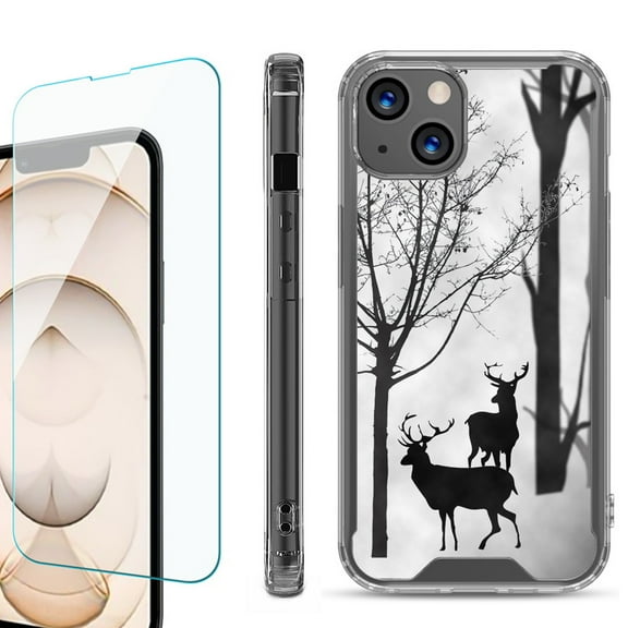 Shockproof Bumper Phone Case for iPhone 13, with Tempered Glass Screen Protector, by OneToughShield ® - Forest Deer