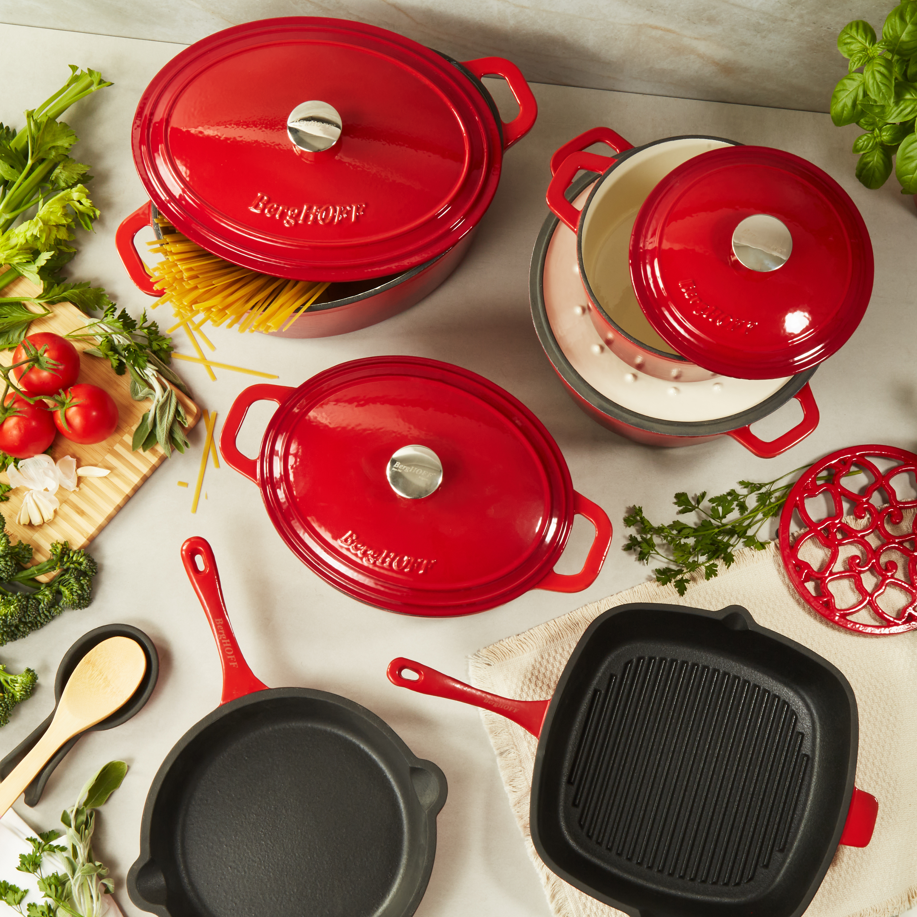 BergHOFF Neo Cast Iron Square Grill Pan 11", Red