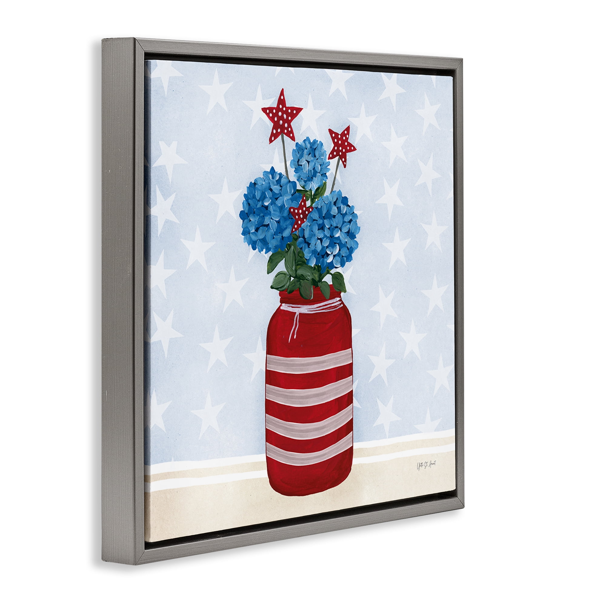 Stupell Industries Summer Stars Bouquet Patriotic Painting Gray Floater Framed Canvas Art Print Wall Art, 18 x 18