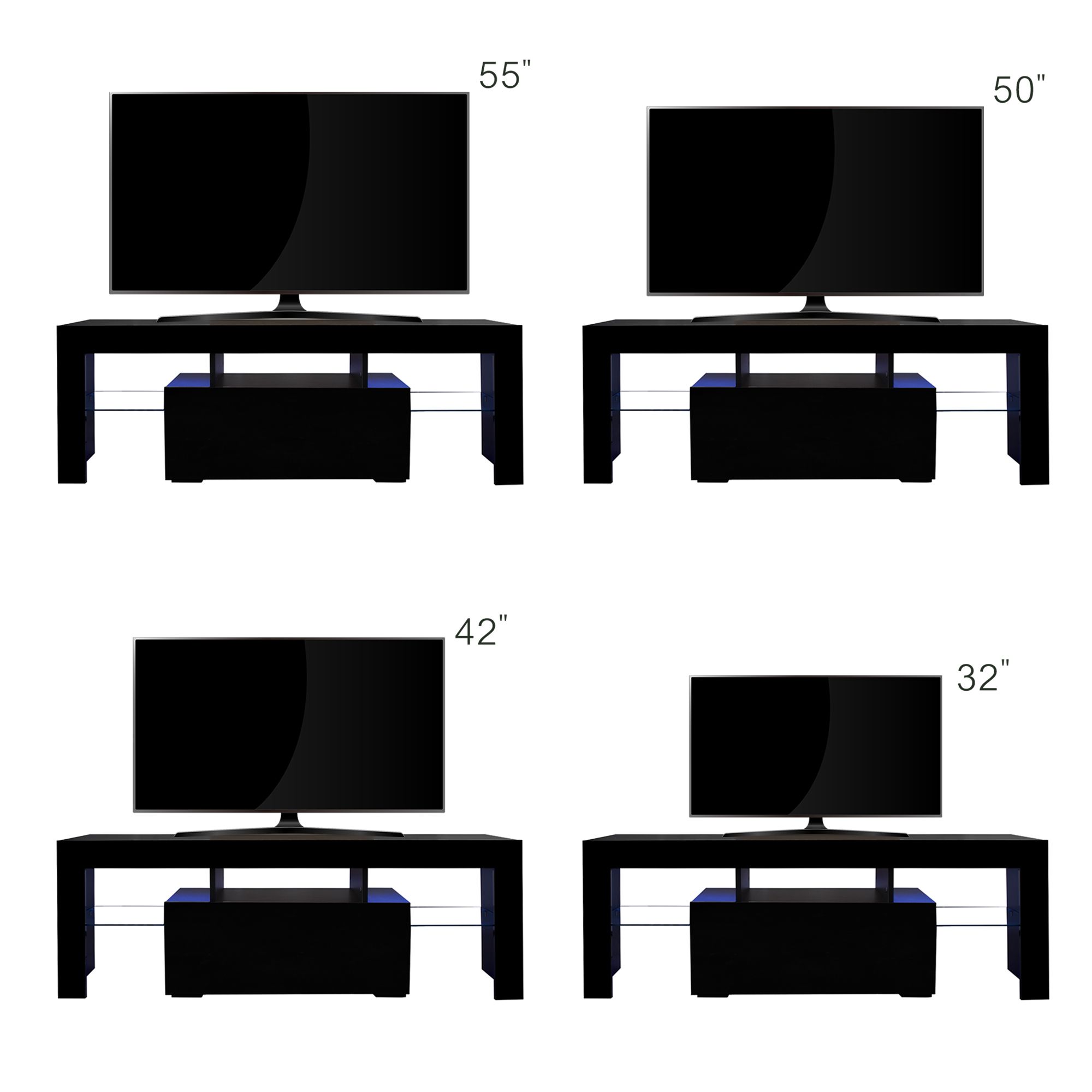 DEALTOPS Modern Simple TV Stand with LED RGB Lights and Open Glass Shelves, Stylish TV Cabinet with 1 Storage Drawer for TVs up to 55'' - Black