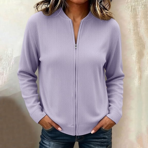 ZunFeo Zip Up Corduroy Jacket for Women - Stand Collar, Lightweight, Relaxed Fit, Purple,Size XL