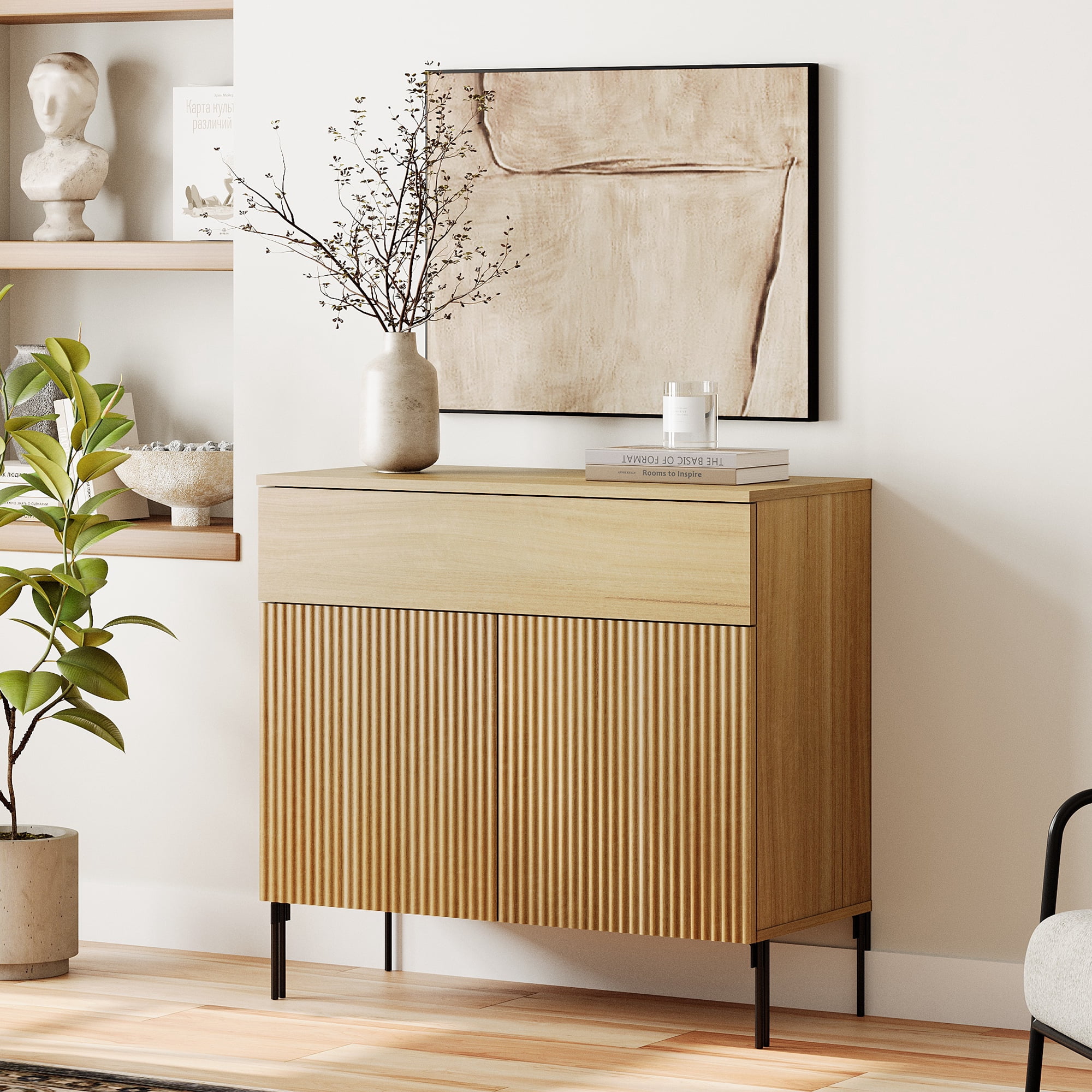 31.5" Wooden Reeded Sideboard with Doors and Drawer, Modern Credenza Storage Cabinet for Kitchen, Dining Room