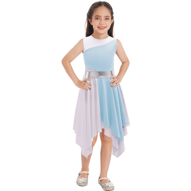 MSemis Robe de Danse Sans Manches pour Filles, Bloc de Couleur, Prière, Église, Tunique, Danse Lyrique, Bleu Clair 14