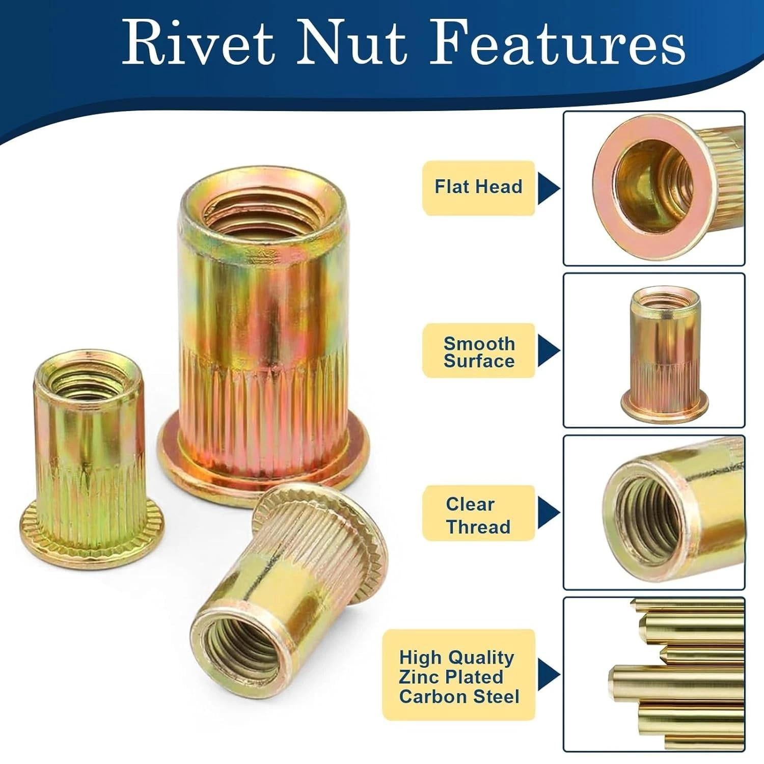 1/4 Rivet Nut, 115Pcs Carbon Steel Zinc Rivet Nuts 1/4-20, 1/4 20 Threaded In...