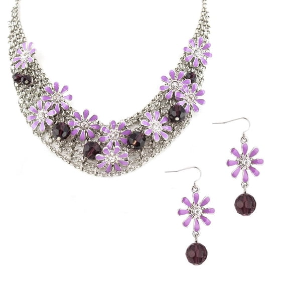 Elegant Purple Daisy Flower Crystal Statement Necklace and Earring Set with Mesh Chain Jewelry Necklace Earring Silver