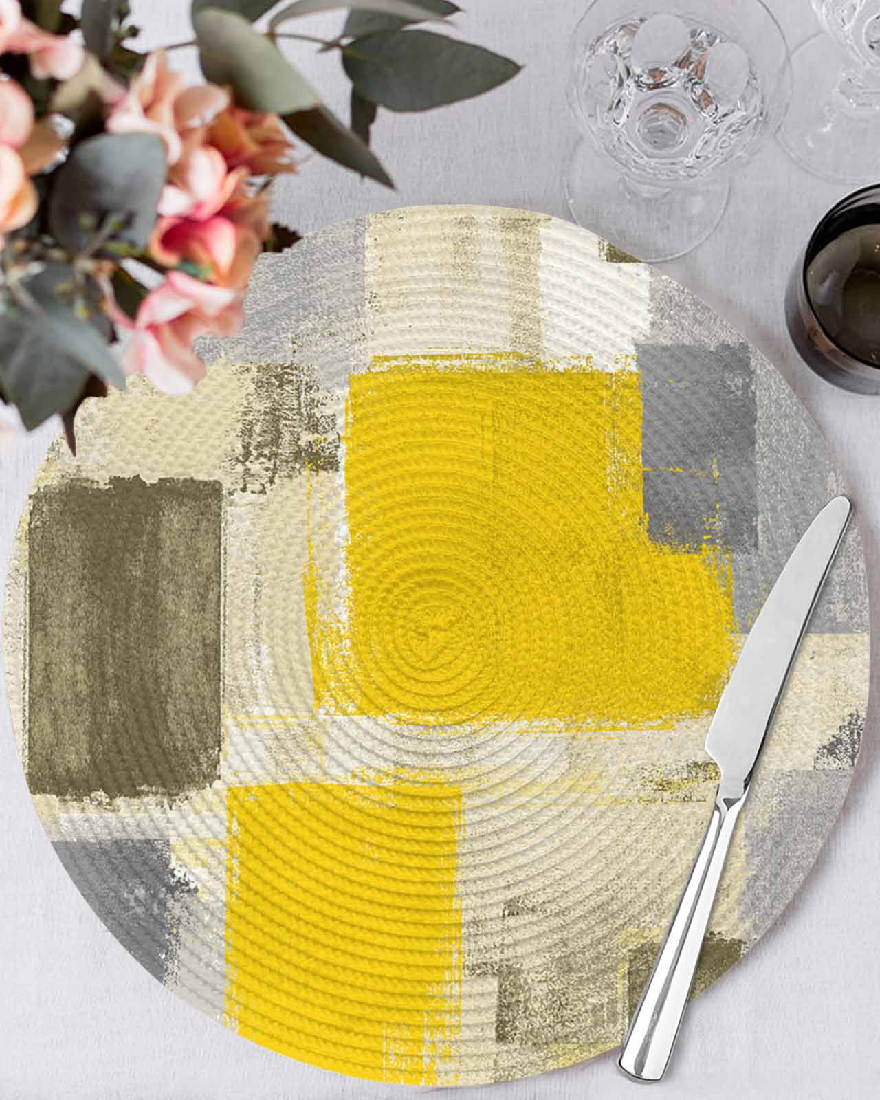 Abstract Vintage Round Table Placemats set of 6, Art Oil Painting Texture Washable Woven Place Mats for Dining Tables Kitchen Party Decor,Heat Proof, 13in, Yellow