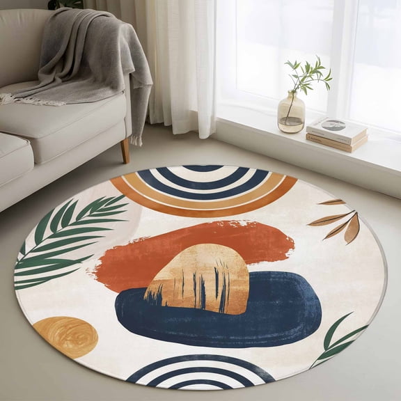 Boho Round Area Rug 3.3Ft Washable Circle Rugs for Dining Room Table, Bohemia Middle Century Leaves Abstract Minimalist Beige Non-Slip Carpet Floor Mats Indoor Outdoor Carpet Runner Home Decor
