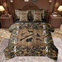 Feelyou Hunting and Fishing Twin Bedding Sets 7-Piece, Wildlife Bear Deer Bedding Comforter Set, Jungle Branches Leaf Reversible Sheet Sets, Ultra Soft Bedroom Decor