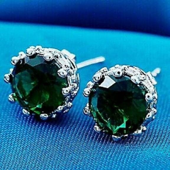 4Ct Round Cut Lab Created Green Emerald Push Back Stud Earrings 14K White Gold Plated Silver