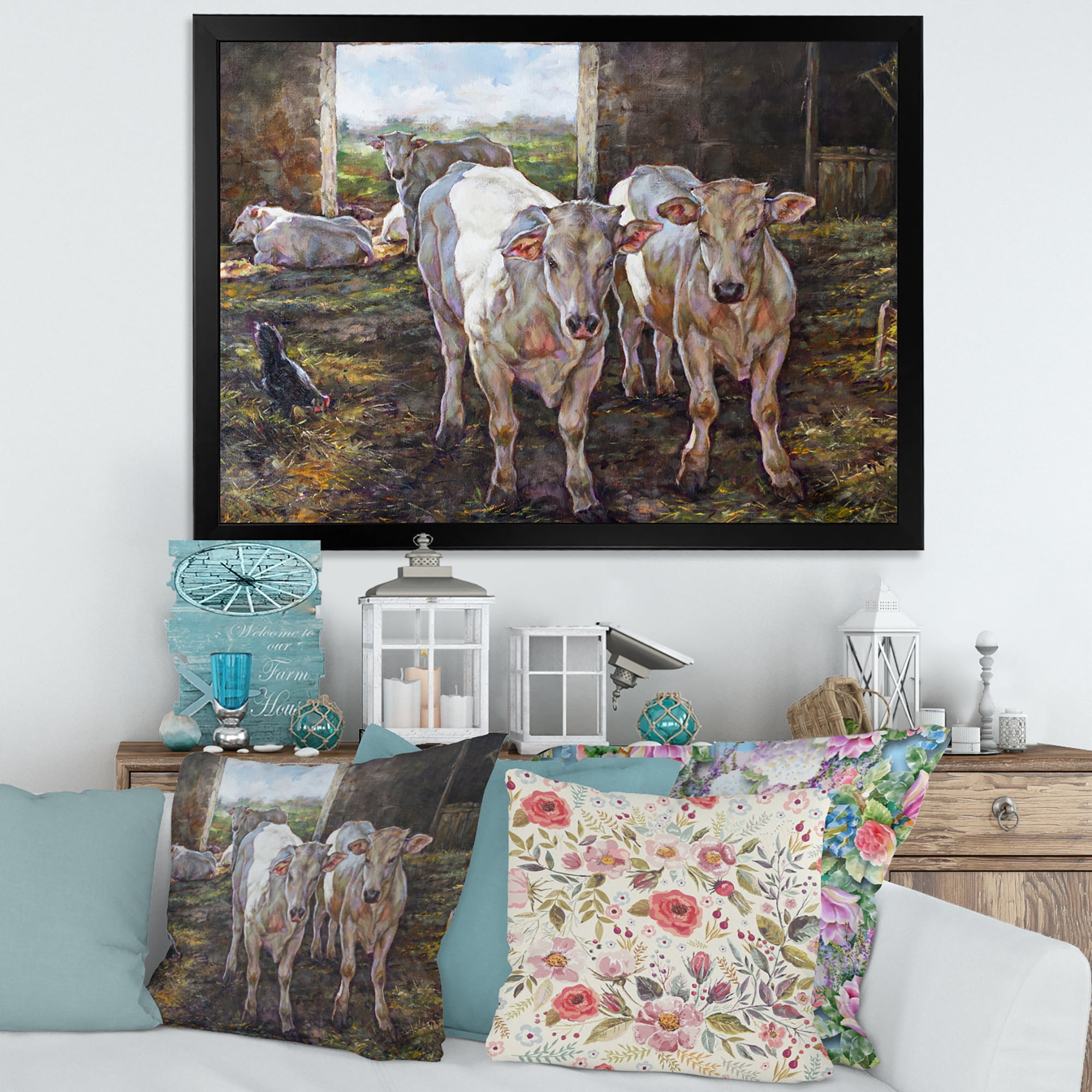 Designart 'The Cows In The Stable In Countryside' Farmhouse Framed Art Print