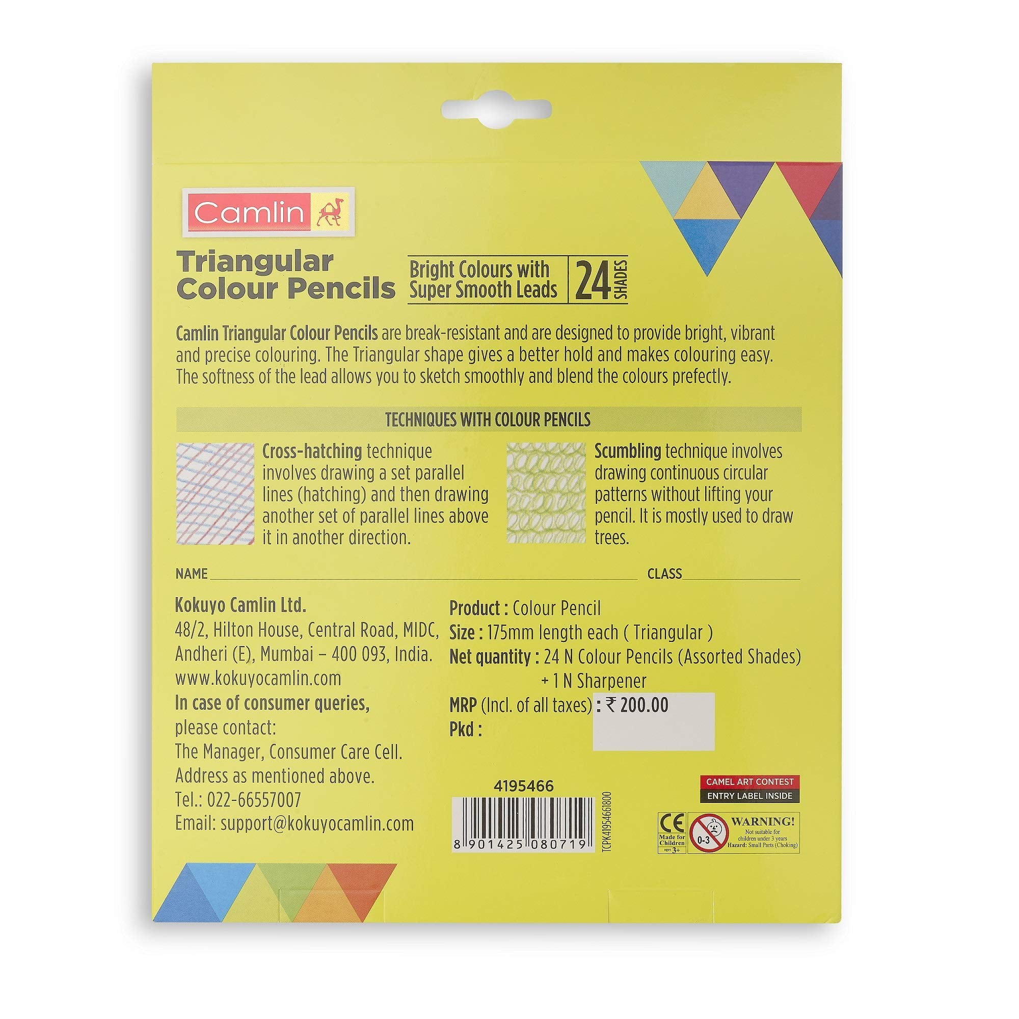 Camlin Triangular Colour Pencil Set With Sharpener - Pack Of 24 (Multicolour)