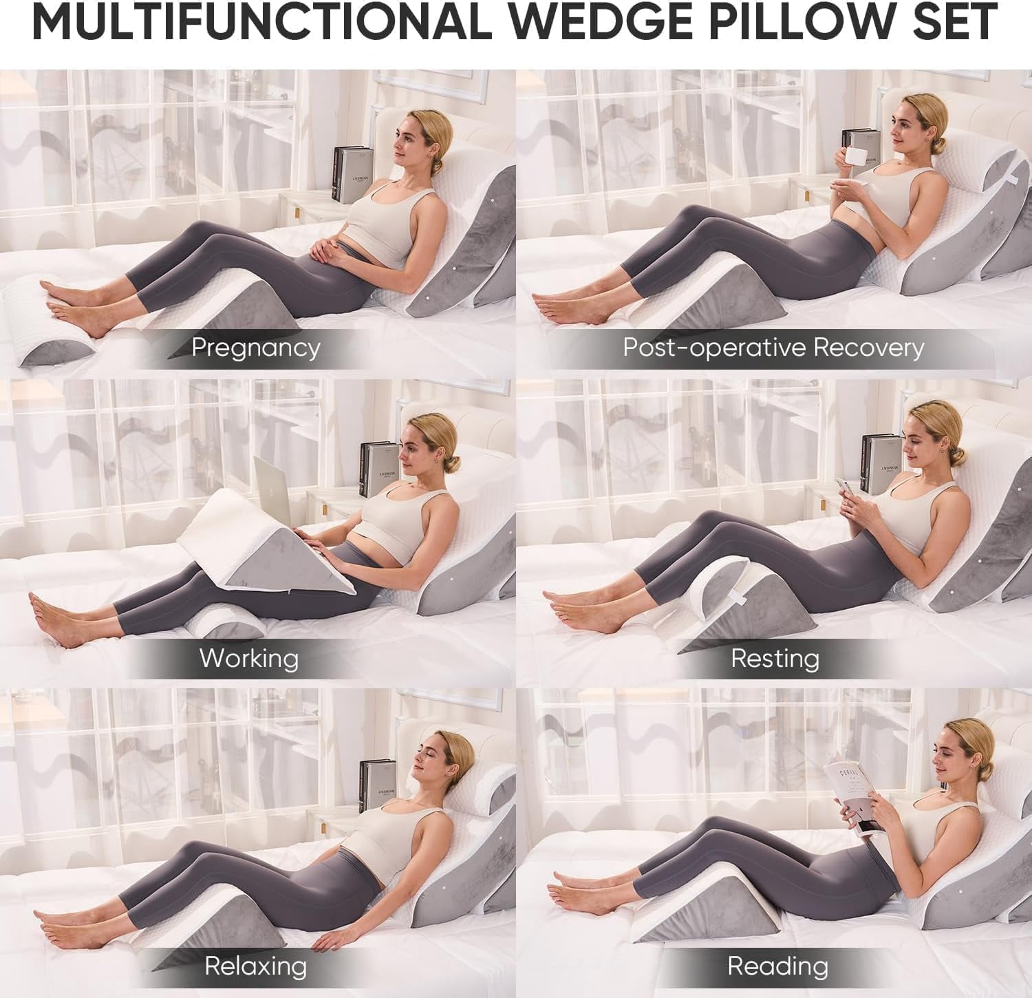 4 PCS Wedge Pillow Set for After Surgery, Adjustable Bed for Sleeping, Acid Reflux Relief, Post Surgery Recovery, Back Support, Leg Elevation, Memory Foam Orthopedic Bed Wedge Pillow Set, Gery