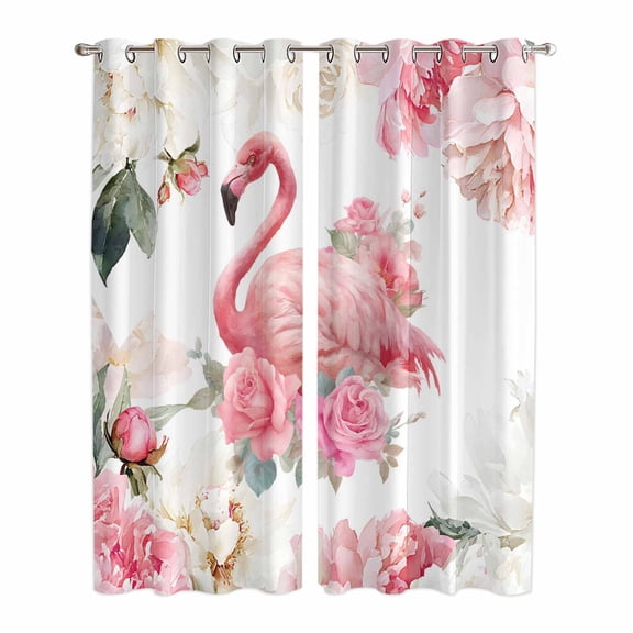 Pink Flamingo Kitchen Curtains Window Panels, Watercolor Flowers Spring Floral Leaf Plant Insulated Window Treatment Curtain, Grommet Curtains for Bedroom/Living Room/Bathroom, 2 Piece 42"Wx84"L