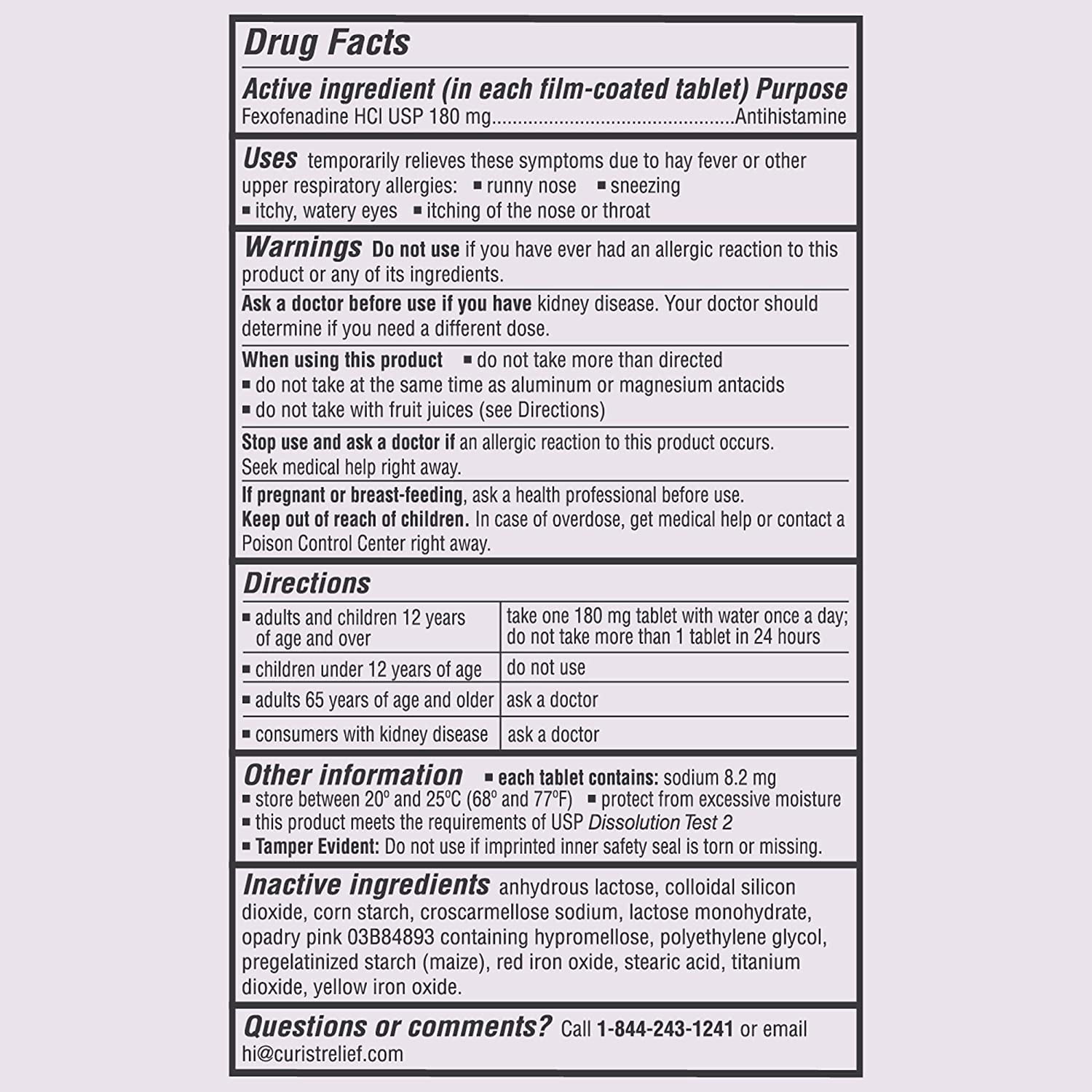Curist Fexofenadine 180mg Tablet 200 Count Fexofenadine Hydrochloride 180 mg Antihistamine Allergy Relief
