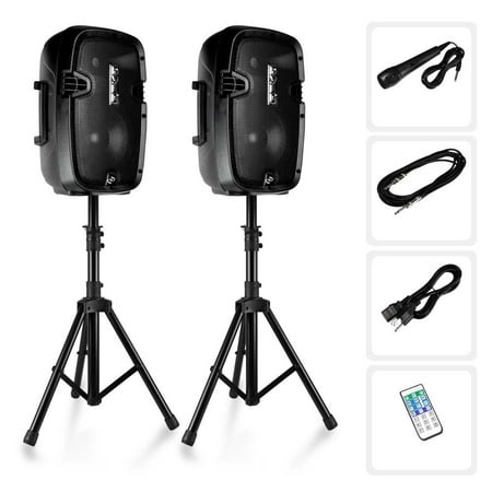 Pyle PPHP849KT.5 - Active + Passive PA Speaker System Kit - Dual Loudspeaker Sound Package, 8'' Subwoofers, Includes (2) Speaker Stands, Wired Microphone, Remote Control (700 Watt)