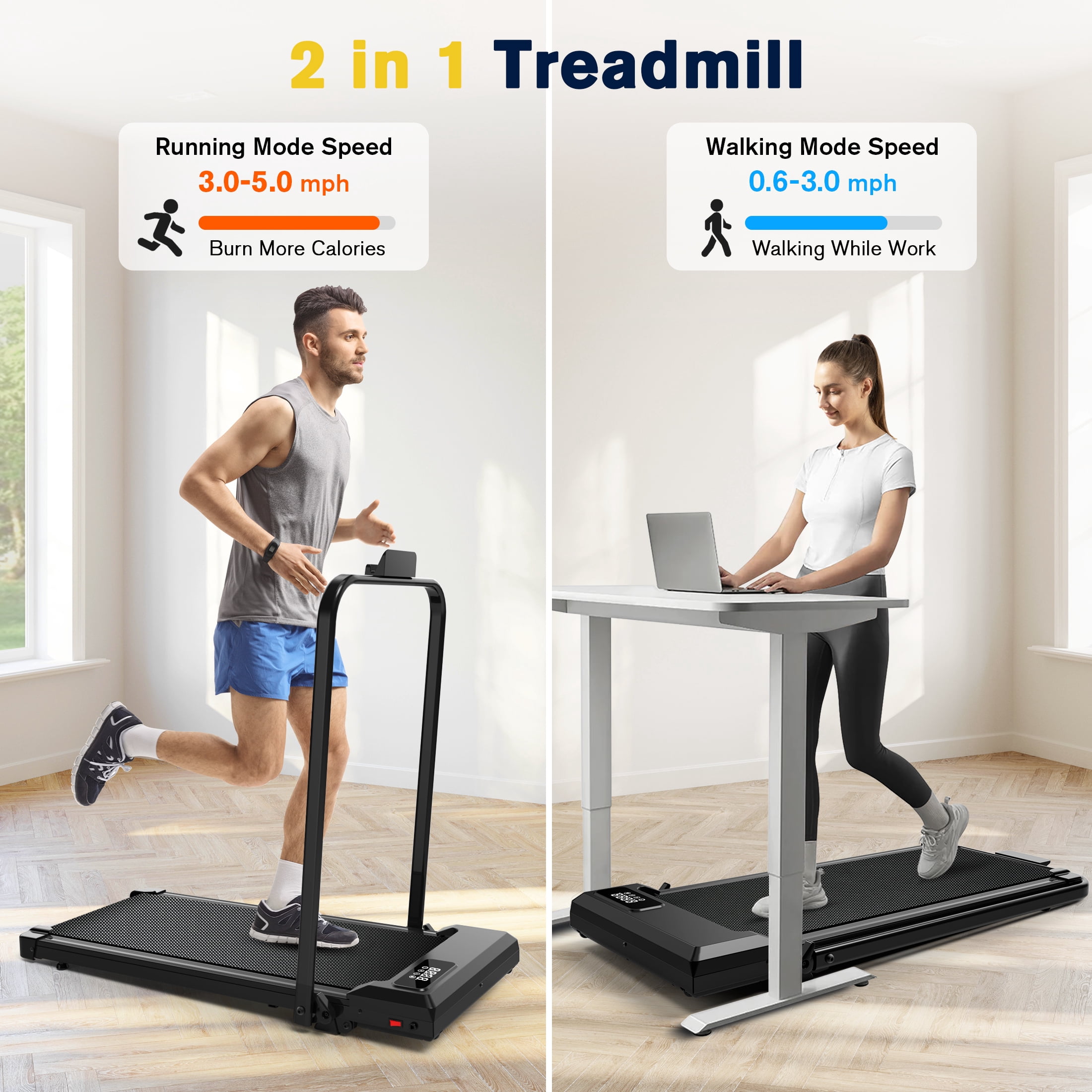 Hapycity Folding Treadmill 5% Incline Under Desk 2 in 1 Walking Running Machine 2.25HP 265LBS, Black
