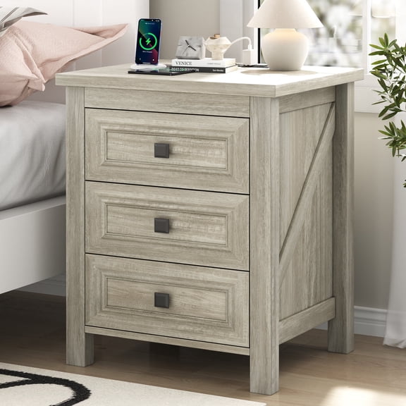 Nightstand, Farmhouse End Table with Charging Station, 3 Drawers Storage for Bedroom