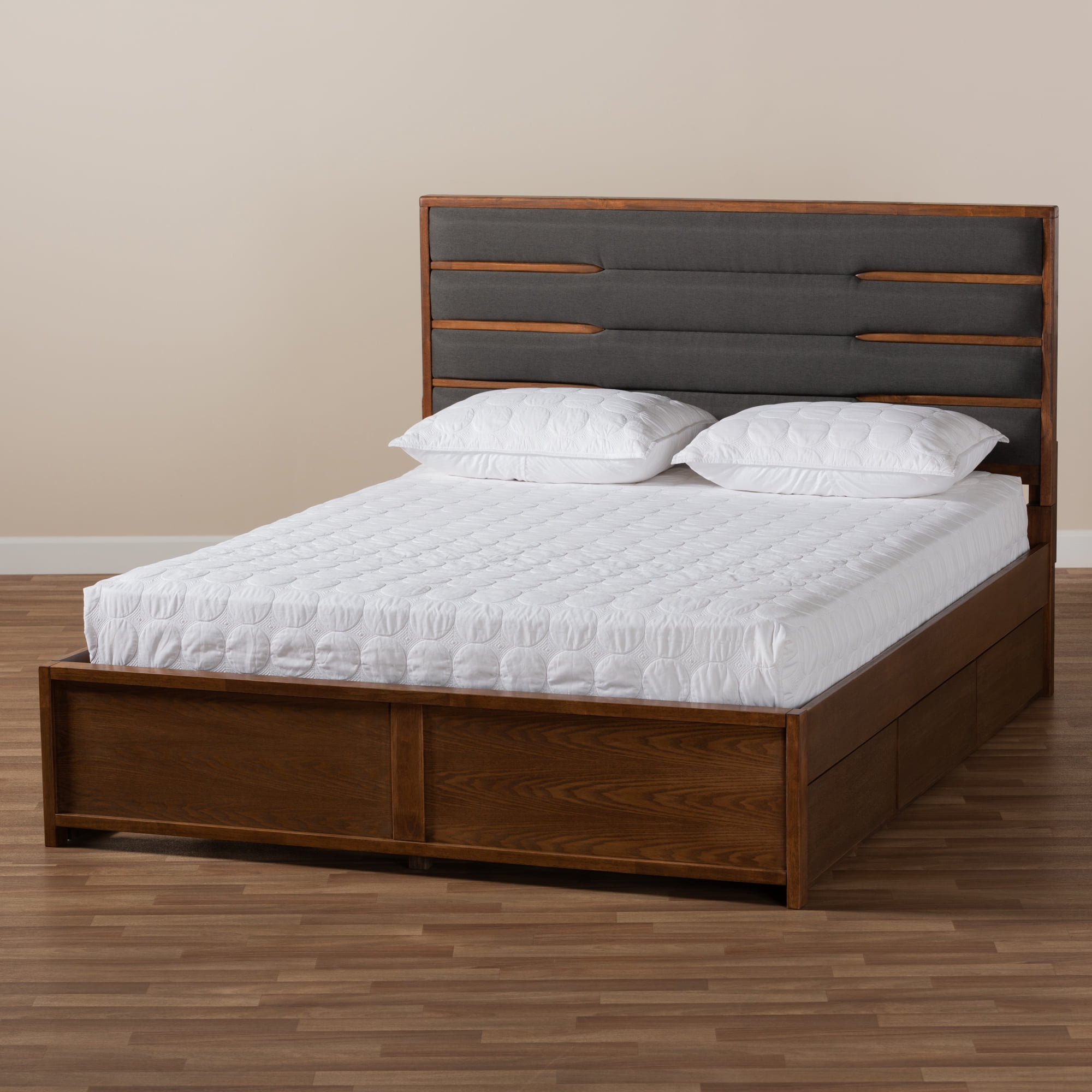 Baxton Studio Elin Modern and Contemporary Dark Gray Fabric Upholstered Walnut Finished Wood Queen Size Platform Storage Bed with Six Drawers