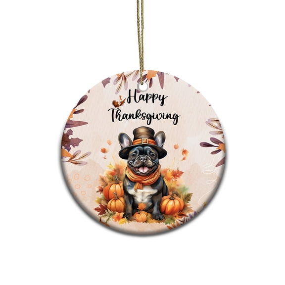 Happy Thanksgiving French Bulldog Welcome Thankful Fall Autumn Pumpkin Ceramic Round Ornament Dog Lover Gifts Home Tree Decor - 02021