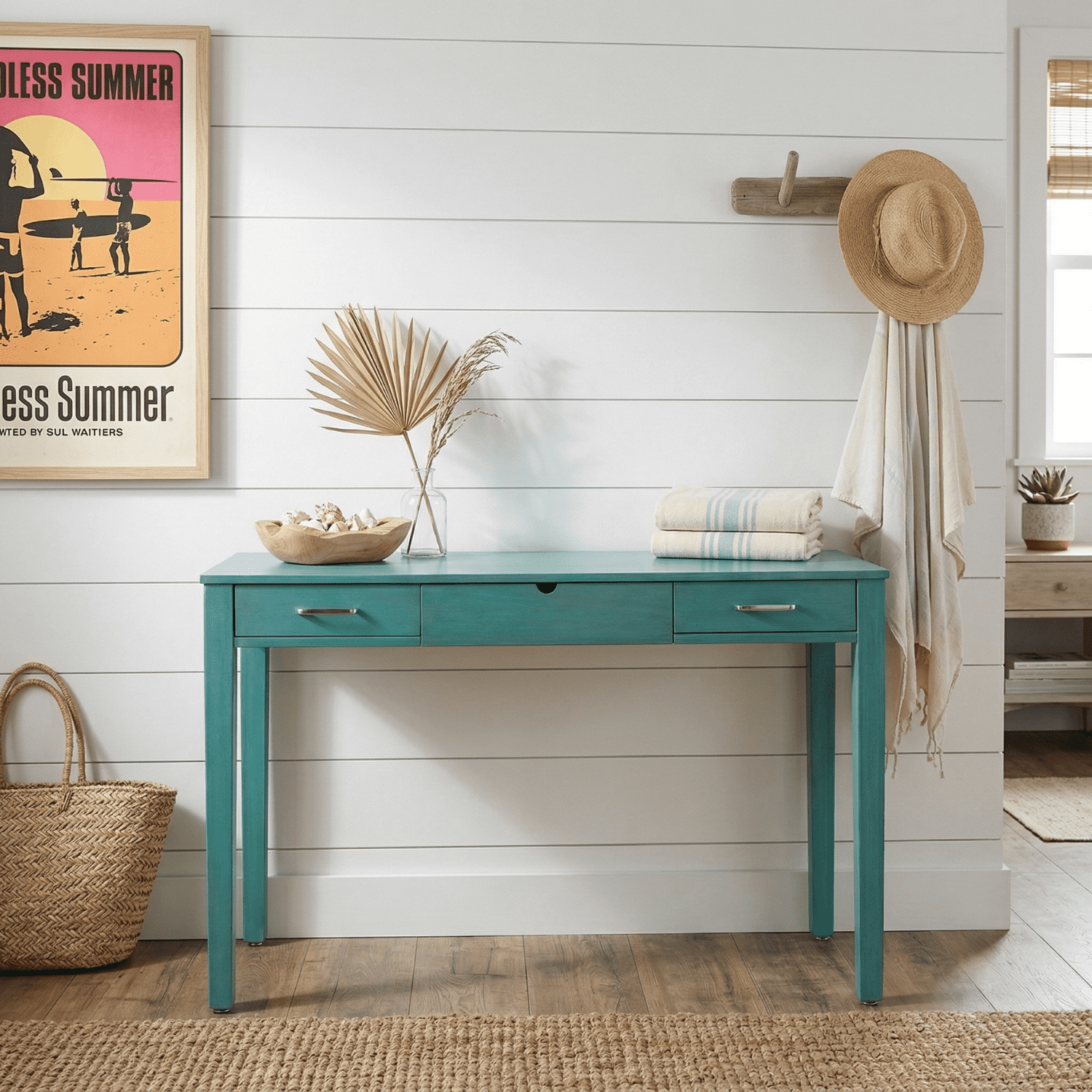 Posh Pollen Amy Wood Portable Power Outlet Writing Desk, Turquoise Finish