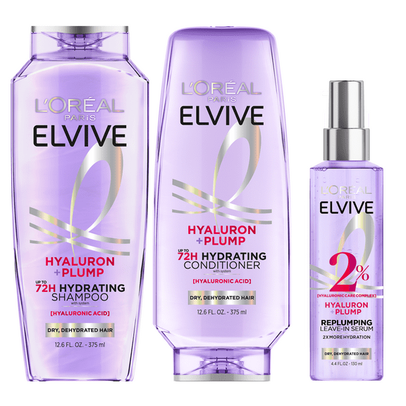 L'Oreal Paris Elvive Hyaluron Plump 72H Hydrating Shampoo, Conditioner, & Moisture Plump Serum Set, 13.5 fl oz