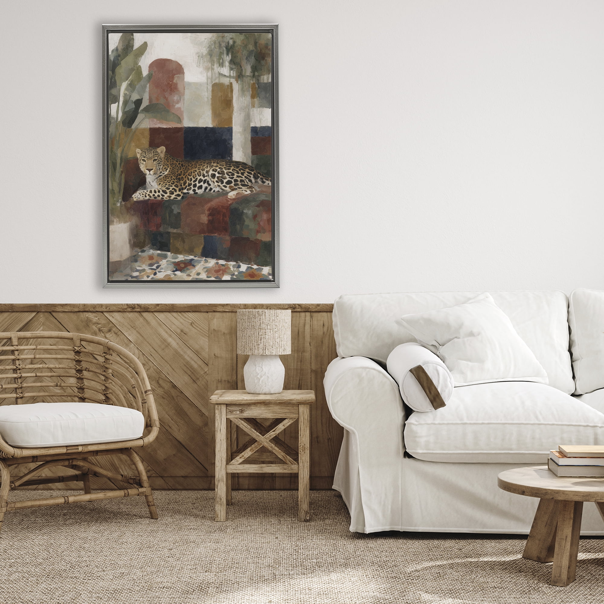 Stupell Industries Jaguar Among Tropical Palms Gray Framed Floater Canvas Wall Art, design by Chromatic Storm Studio