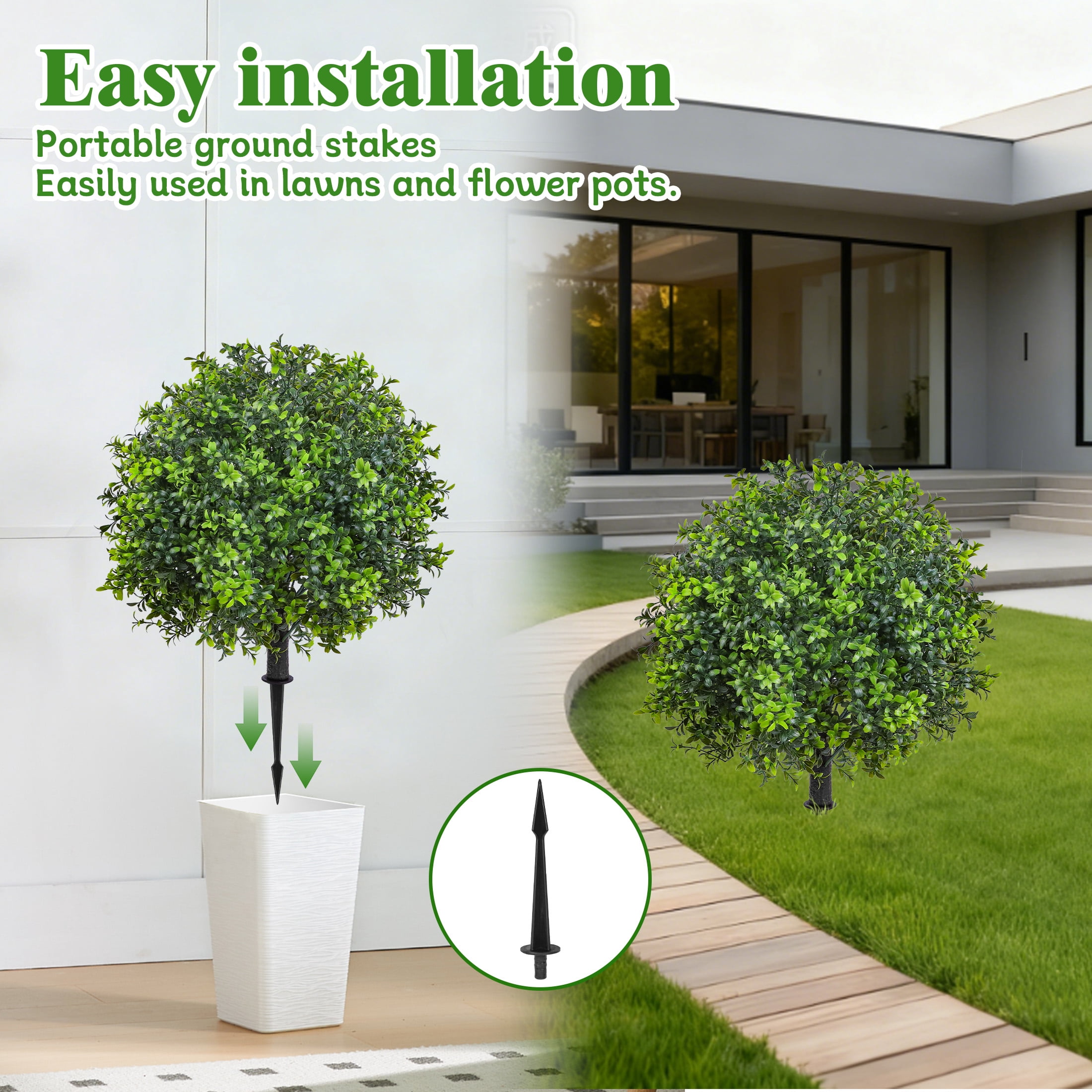 HKKDKTA 2 Pack Artificial Boxwood Topiary Ball Trees with Ground Spike,UV Resistant Faux Bushes Plants for Indoor Outdoor Garden Patio Decor