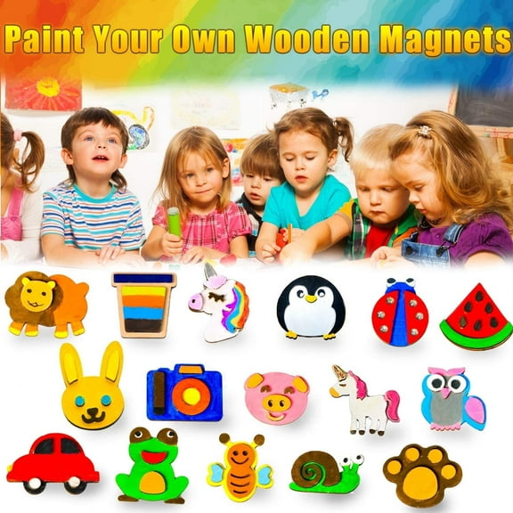 30Pcs Wooden Magnets Painting Art and Craft Kit for Kids Supplies Party Favors for Toddlers Boys Girls Aged 4-8 Years Old Gift Stuf