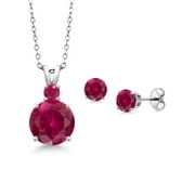 Gem Stone King 925 Sterling Silver Round Red Created Ruby Pendant and Earrings Jewelry Set For Women (5.45 Cttw, Gemstone Birthstone, with 18 inch Chain)