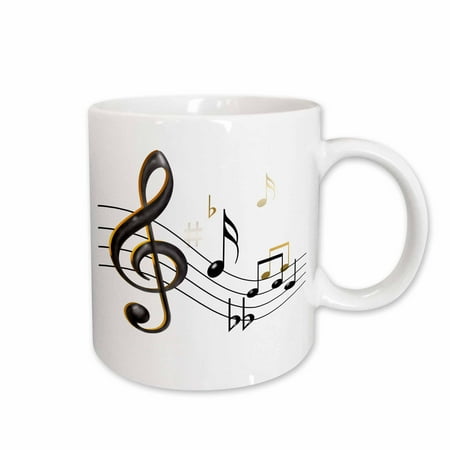 

3dRose Music notes Clef sixteenth quarter notes beamed notes flats and sharps in black and gold Ceramic Mug 15-ounce