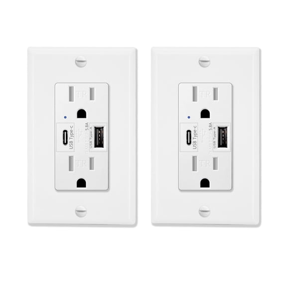 USB Type C Wall Outlet, GREENCYCLE Dual High Speed Duplex Receptacle 15 Amp, 5.8A USB C &A Charging, Tamper Resistant Wall Plate Included UL Listed, Not for laptops, 2 pack